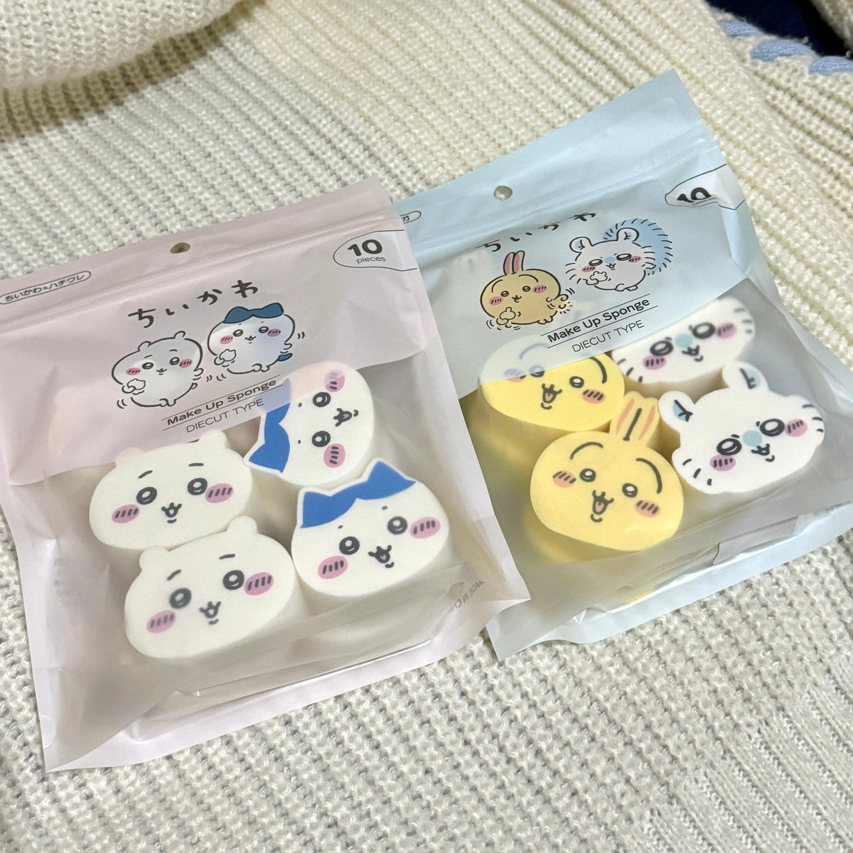 Chiikawa Facial Sponge - tampilan depan Chiikawa, Hachiware, dan Usagi