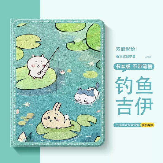 Japanese Cartoon ChiiKawa 360 Swivel Silicone iPad Case | ChiiKawa Hachiware Usagi Traveling Fishing in Pool - iPad Mini 4,5,6/ iPad Air 4/ iPad Pro