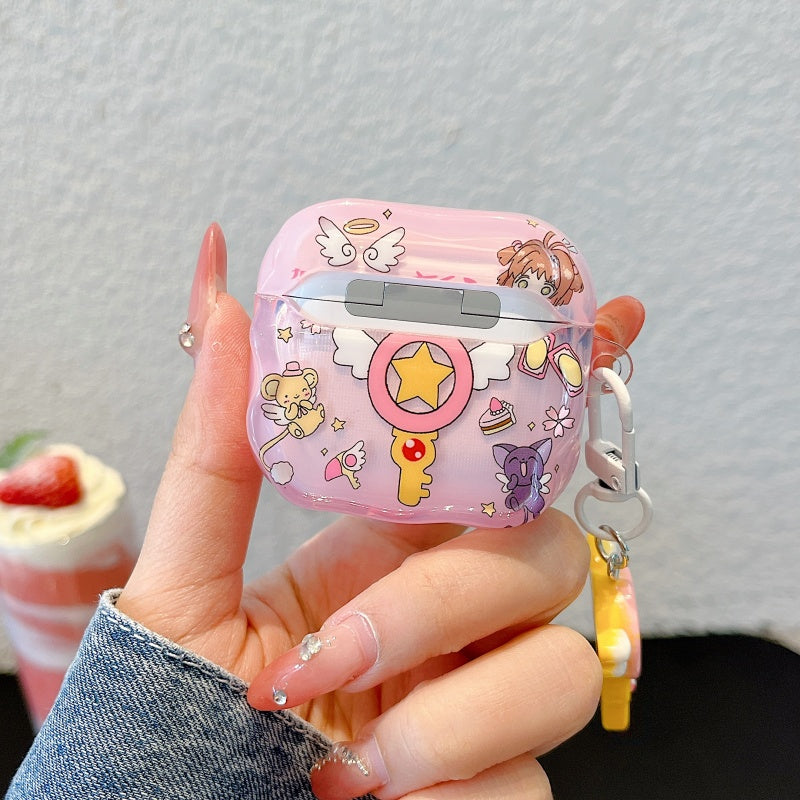 Japanese Cartoon CardCaptor Sakura | Drawing Cerberus & Magic Wand Stick - with Charm AirPods AirPodsPro AirPods3 AirPods4 Case KawaiiGiftLand