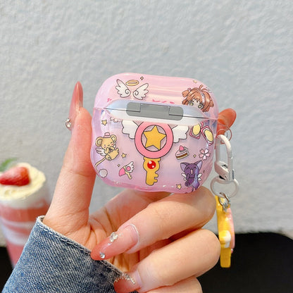 Japanese Cartoon CardCaptor Sakura | Drawing Cerberus & Magic Wand Stick - with Charm AirPods AirPodsPro AirPods3 AirPods4 Case KawaiiGiftLand