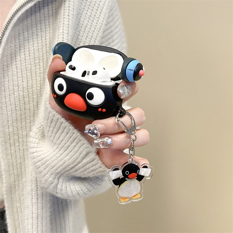 Japanese Cartoon Cute Black Penguin | Penguin with Headphone - with Charm AirPods AirPodsPro AirPods3 AirPods4 Case KawaiiGiftLand