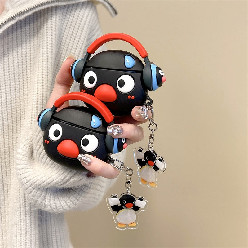 Japanese Cartoon Cute Black Penguin | Penguin with Headphone - with Charm AirPods AirPodsPro AirPods3 AirPods4 Case KawaiiGiftLand