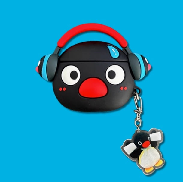 Japanese Cartoon Cute Black Penguin | Penguin with Headphone - with Charm AirPods AirPodsPro AirPods3 AirPods4 Case