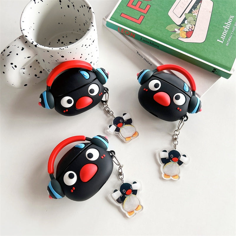 Japanese Cartoon Cute Black Penguin | Penguin with Headphone - with Charm AirPods AirPodsPro AirPods3 AirPods4 Case
