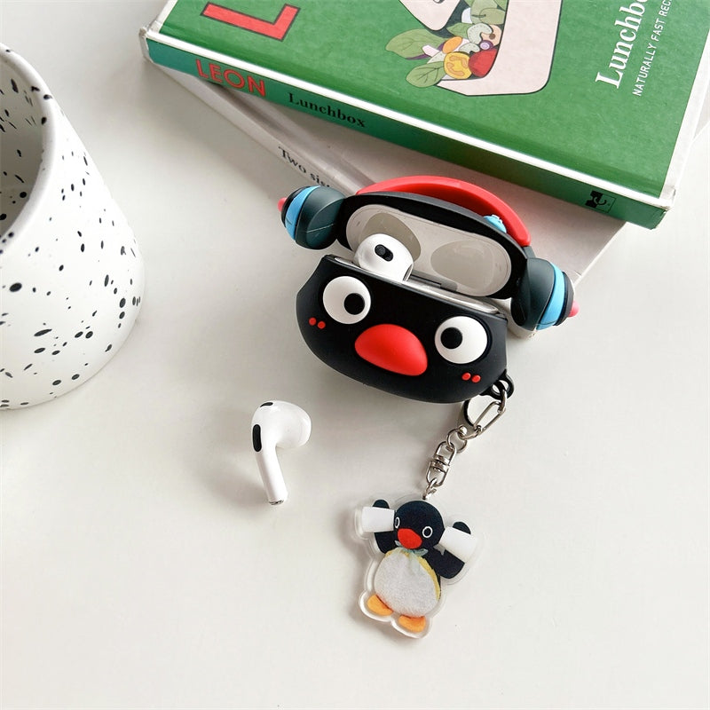 Japanese Cartoon Cute Black Penguin | Penguin with Headphone - with Charm AirPods AirPodsPro AirPods3 AirPods4 Case