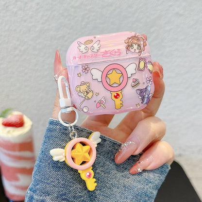 Japanese Cartoon CardCaptor Sakura | Drawing Cerberus & Magic Wand Stick - with Charm AirPods AirPodsPro AirPods3 AirPods4 Case KawaiiGiftLand