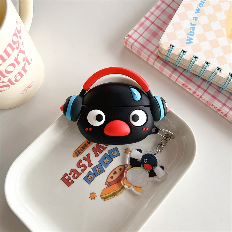 Japanese Cartoon Cute Black Penguin | Penguin with Headphone - with Charm AirPods AirPodsPro AirPods3 AirPods4 Case KawaiiGiftLand