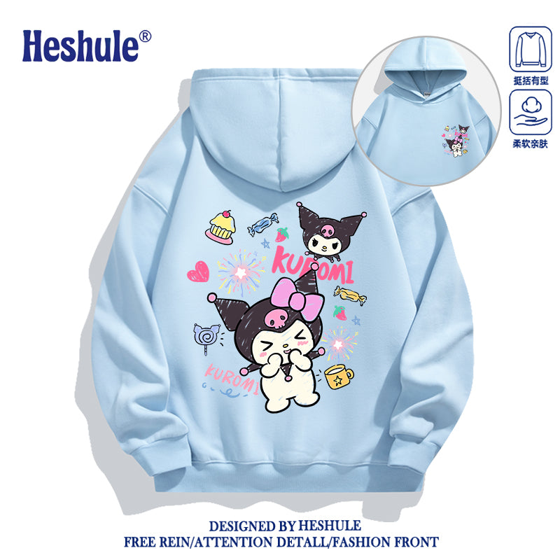 Japanese Cartoon Kuromi Casual Style Hoodie Series | Happy Kuromi with Dessert Front & Back - Kawaii Fashion Items