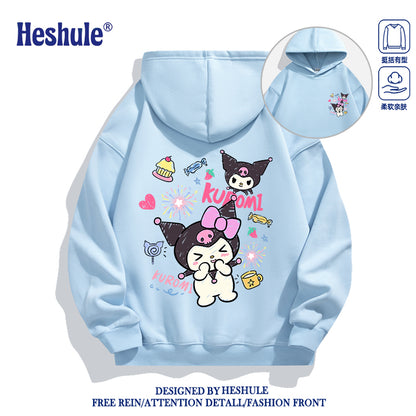 Japanese Cartoon Kuromi Casual Style Hoodie Series | Happy Kuromi with Dessert Front & Back - Kawaii Fashion Items