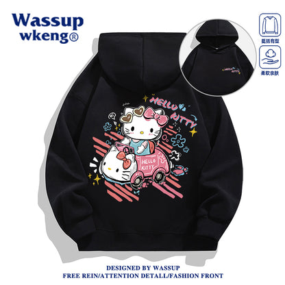 Japanese Cartoon Hello Kitty Casual Style Hoodie Series | Hello Kitty in Kitty Car Front & Back - Kawaii Fashion Items