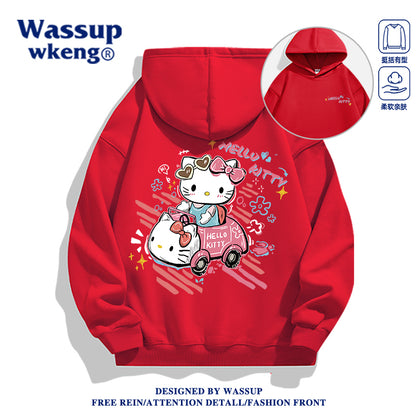 Japanese Cartoon Hello Kitty Casual Style Hoodie Series | Hello Kitty in Kitty Car Front & Back - Kawaii Fashion Items