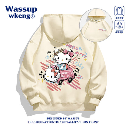 Japanese Cartoon Hello Kitty Casual Style Hoodie Series | Hello Kitty in Kitty Car Front & Back - Kawaii Fashion Items