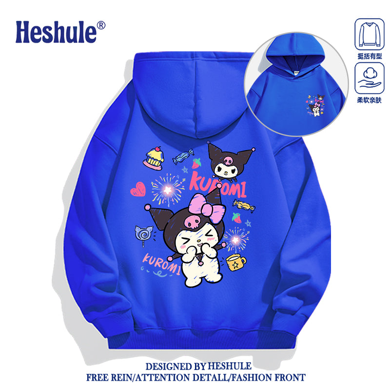 Japanese Cartoon Kuromi Casual Style Hoodie Series | Happy Kuromi with Dessert Front & Back - Kawaii Fashion Items