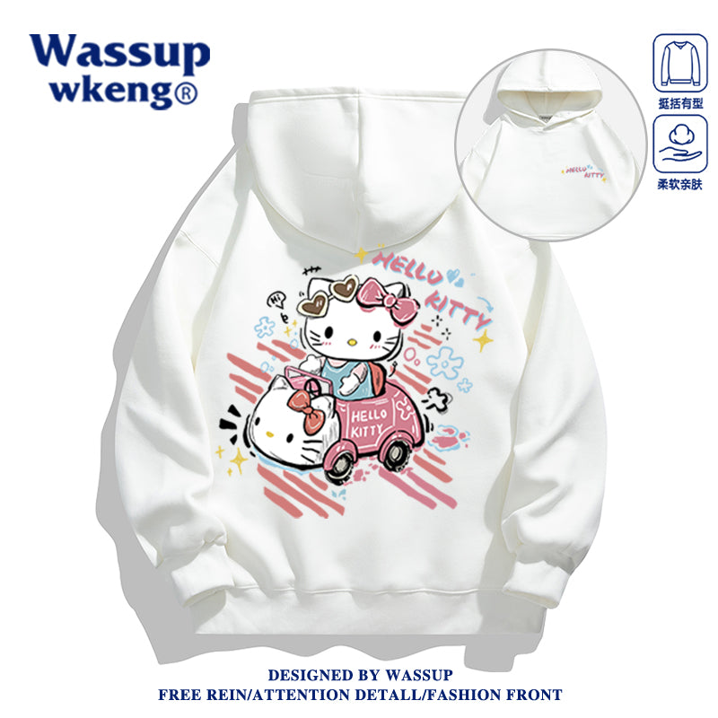 Japanese Cartoon Hello Kitty Casual Style Hoodie Series | Hello Kitty in Kitty Car Front & Back - Kawaii Fashion Items