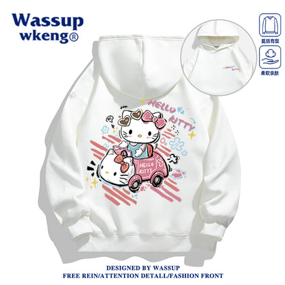Japanese Cartoon Hello Kitty Casual Style Hoodie Series | Hello Kitty in Kitty Car Front & Back - Kawaii Fashion Items