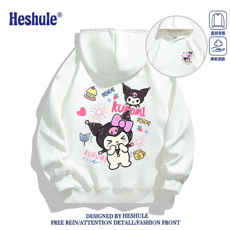 Japanese Cartoon Kuromi Casual Style Hoodie Series | Happy Kuromi with Dessert Front & Back - Kawaii Fashion Items