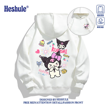 Japanese Cartoon Kuromi Casual Style Hoodie Series | Happy Kuromi with Dessert Front & Back - Kawaii Fashion Items