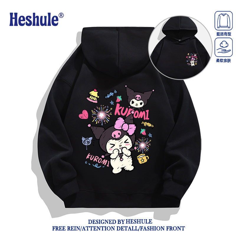Japanese Cartoon Kuromi Casual Style Hoodie Series | Happy Kuromi with Dessert Front & Back - Kawaii Fashion Items
