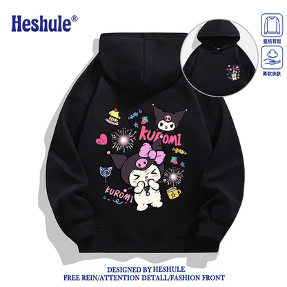 Japanese Cartoon Kuromi Casual Style Hoodie Series | Happy Kuromi with Dessert Front & Back - Kawaii Fashion Items