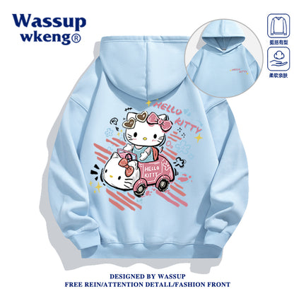 Japanese Cartoon Hello Kitty Casual Style Hoodie Series | Hello Kitty in Kitty Car Front & Back - Kawaii Fashion Items