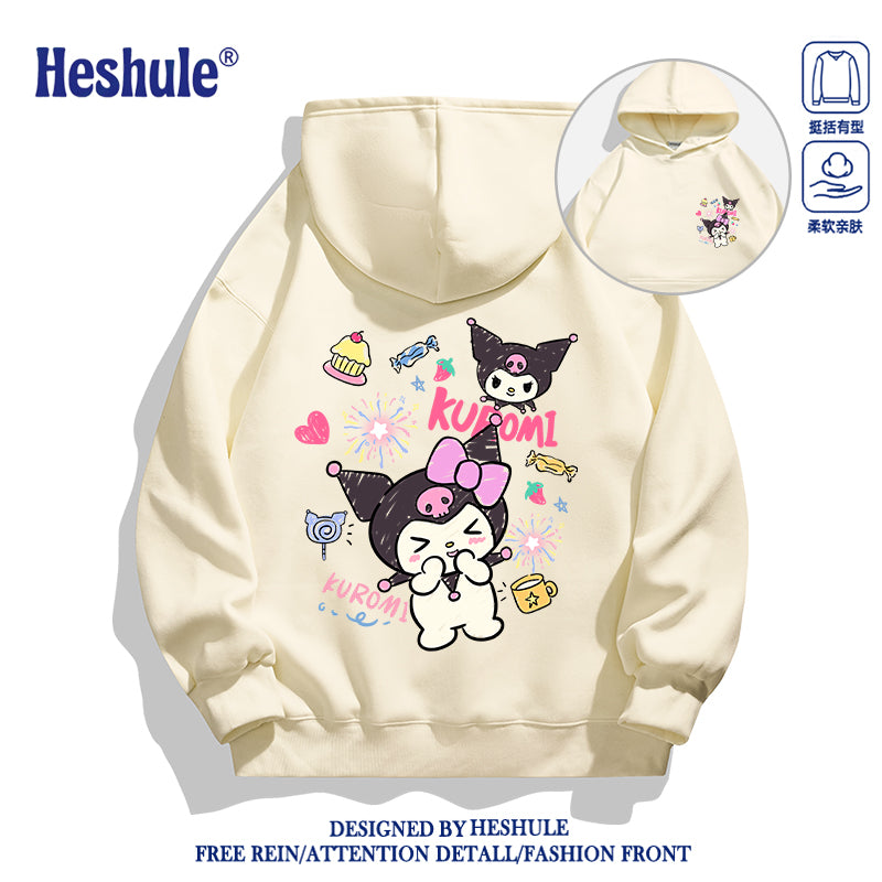 Japanese Cartoon Kuromi Casual Style Hoodie Series | Happy Kuromi with Dessert Front & Back - Kawaii Fashion Items