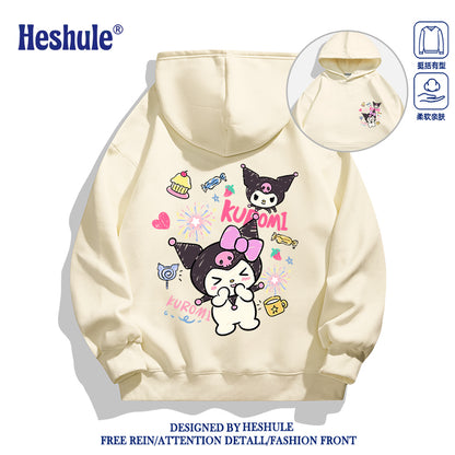 Japanese Cartoon Kuromi Casual Style Hoodie Series | Happy Kuromi with Dessert Front & Back - Kawaii Fashion Items