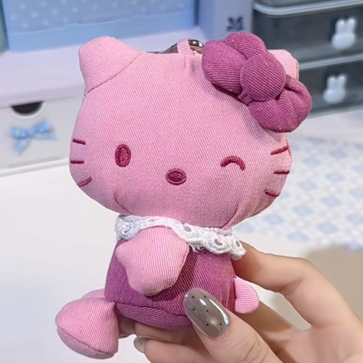 Hello Kitty denim series plush charm in pink corduroy with pink bow