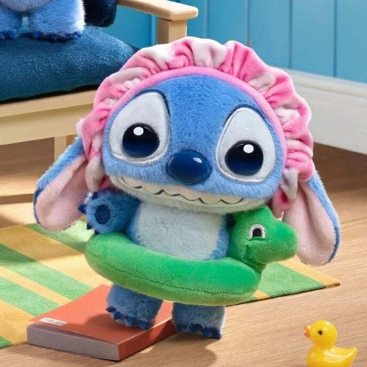 Bath Time Stitch plush charm - pink swim cap, green swim ring