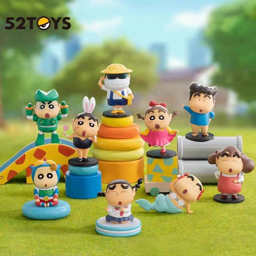 52TOYS Crayon Shin-chan Funny Cosplay Series blind box figures - all eight cosplay designs on a pastel display stage