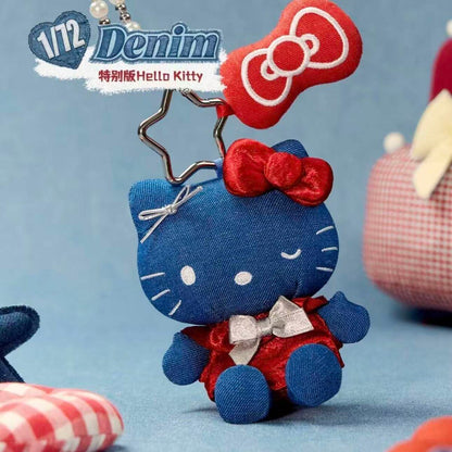 Hello Kitty denim series secret design plush charm in dark blue denim with red bow