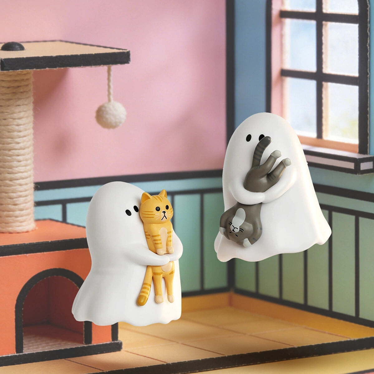 Two GHODY ghost figures carrying cats on a sofa in a pastel cartoon room, Behold My Cat series