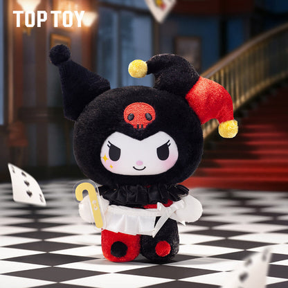 Kuromi Poker Kingdom JOKER plush pendant in a red-and-white jester hood with a black skull crest
