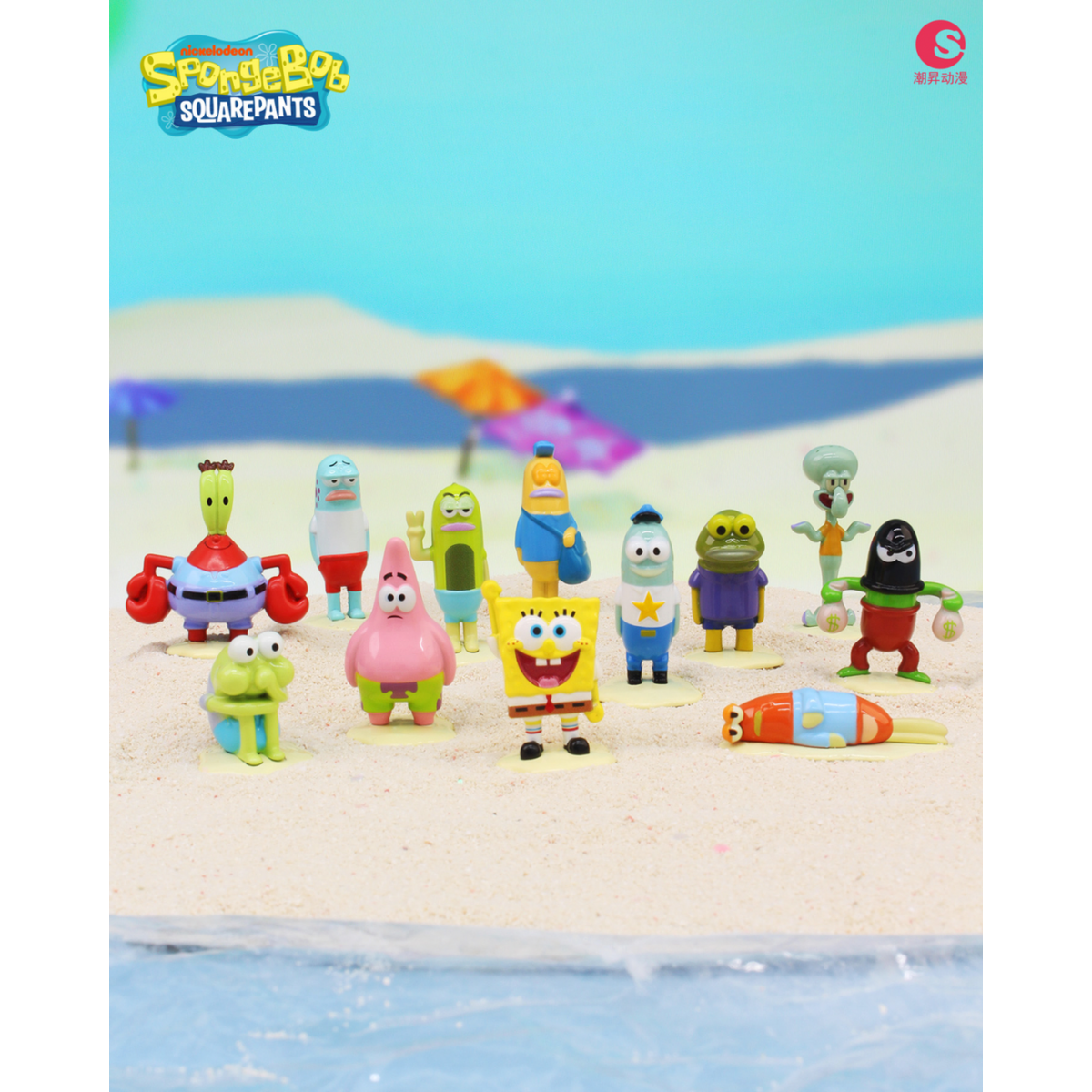 Chaosheng Animation SpongeBob SquarePants Life of Fish Series - all twelve alloy figures lined up on the sand