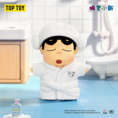 Shin-chan Relaxing Moment plush charm in a fluffy white bathrobe