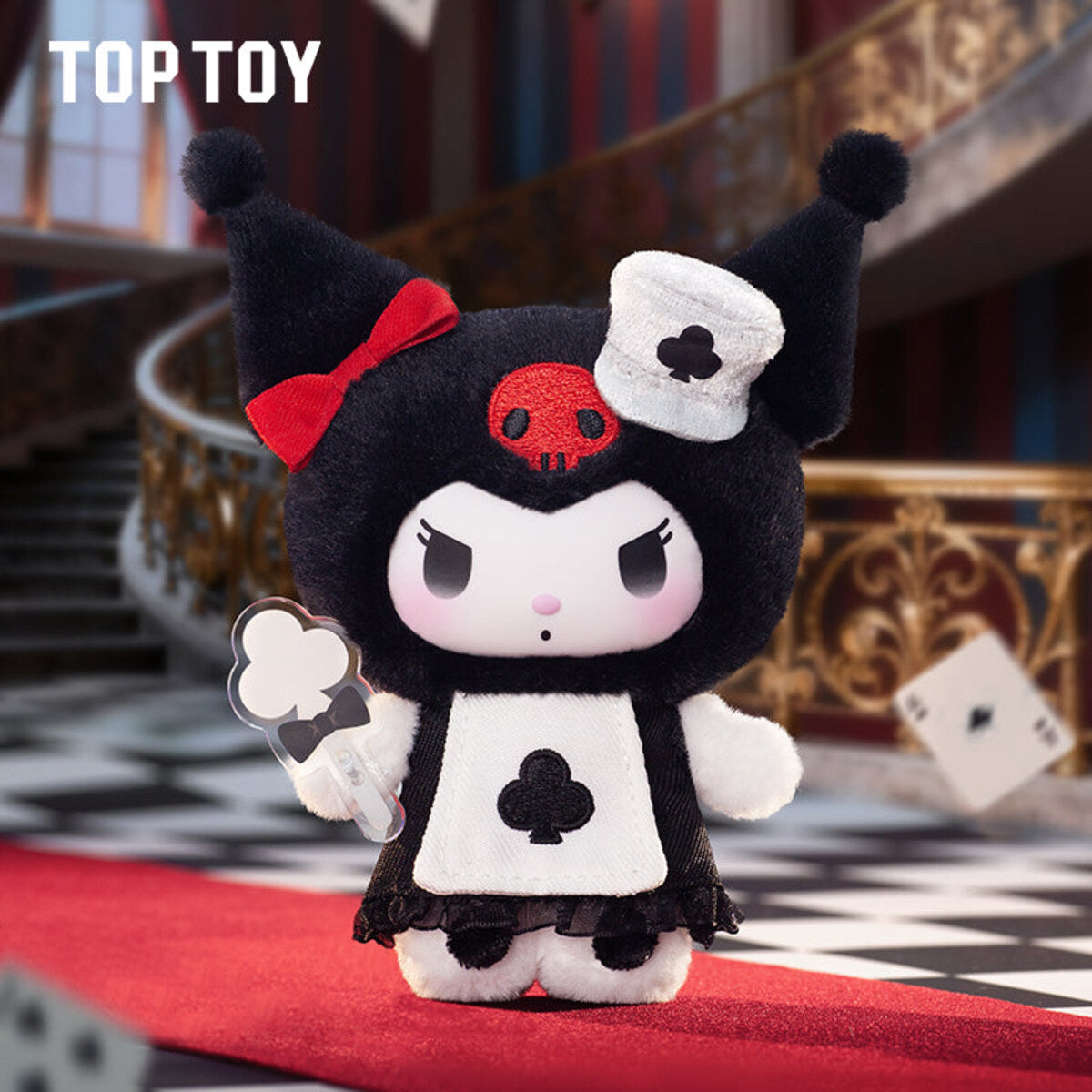 Kuromi Poker Kingdom CLUB plush pendant in a black hood with a white club emblem on the apron