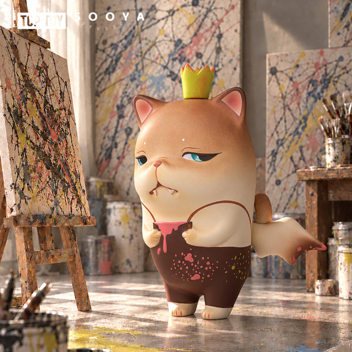 SooyaStudio Overture 2.0 brown cat figure with acorn hat on a painter's canvas