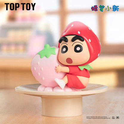 Shin-chan Strawberry Cake figure in strawberry costume on a cake stand, Delicious Kasukabe Series