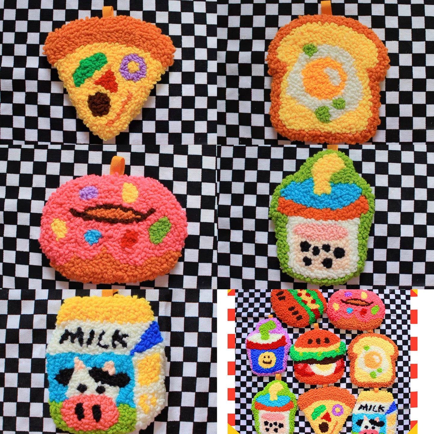 Fast Food Punch Needle Coaster DIY Kit with Yarn Set | Milk Toast Hot Dog Milk Tea Donuts Hamburger Pizza - All materials included