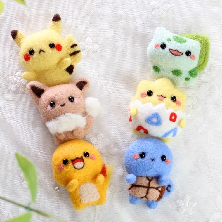 Handmade Wool Felt DIY Craft Kit Set | Pokemon Brooch - Pikachu Charmander Squartle Bulbasaur Eevee Togepi - Wool Felting