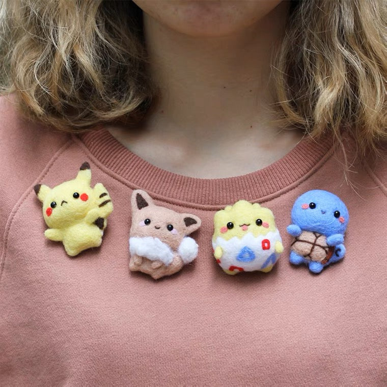 Handmade Wool Felt DIY Craft Kit Set | Pokemon Brooch - Pikachu Charmander Squartle Bulbasaur Eevee Togepi - Wool Felting