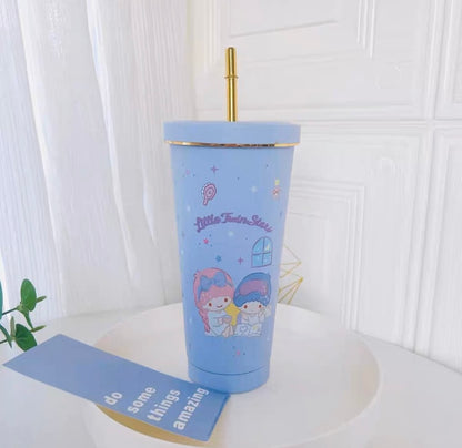 Japanese Cartoon Tumbler with Straw Warm Cool Lovely Cup Hello Kitty My Melody Kuromi Pompompurin Pochacco Hangyodon Cinnamoroll - with cleaning tool