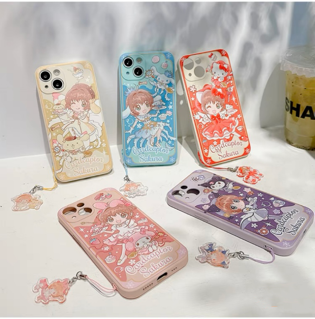 Colour Japanese Cartoon CardCaptorSakura Cafe Maid with Hello Kitty My Melody Kuromi Cinnamoroll Pompompurin iPhone Case 6 7 8 PLUS SE2 XS XR X 11 12 13 14 Pro Promax 12mini 13mini