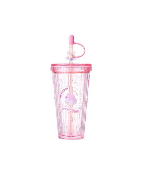Sanrio Gittler Star Summer Cup My Melody Kuromi Cinnamoroll Pochacco Pompompurin Plastic Water Bottle with Straw for Cool Drink Lovely Cup