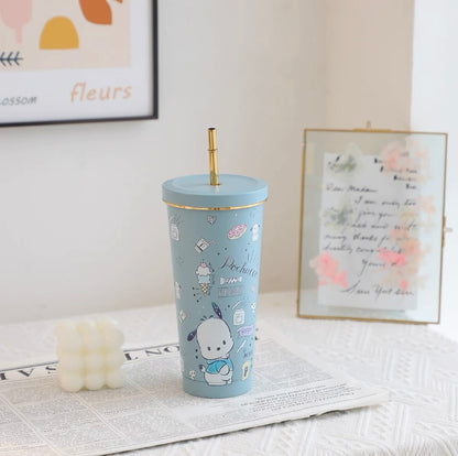 Sanrio Tumbler with Straw Warm Cool Lovely Cup Hello Kitty My Melody Little Twin Stars Kuromi Cinnamoroll Pompompurin Pochacco Keroppi Bad Badtz Maru - with cleaning tool