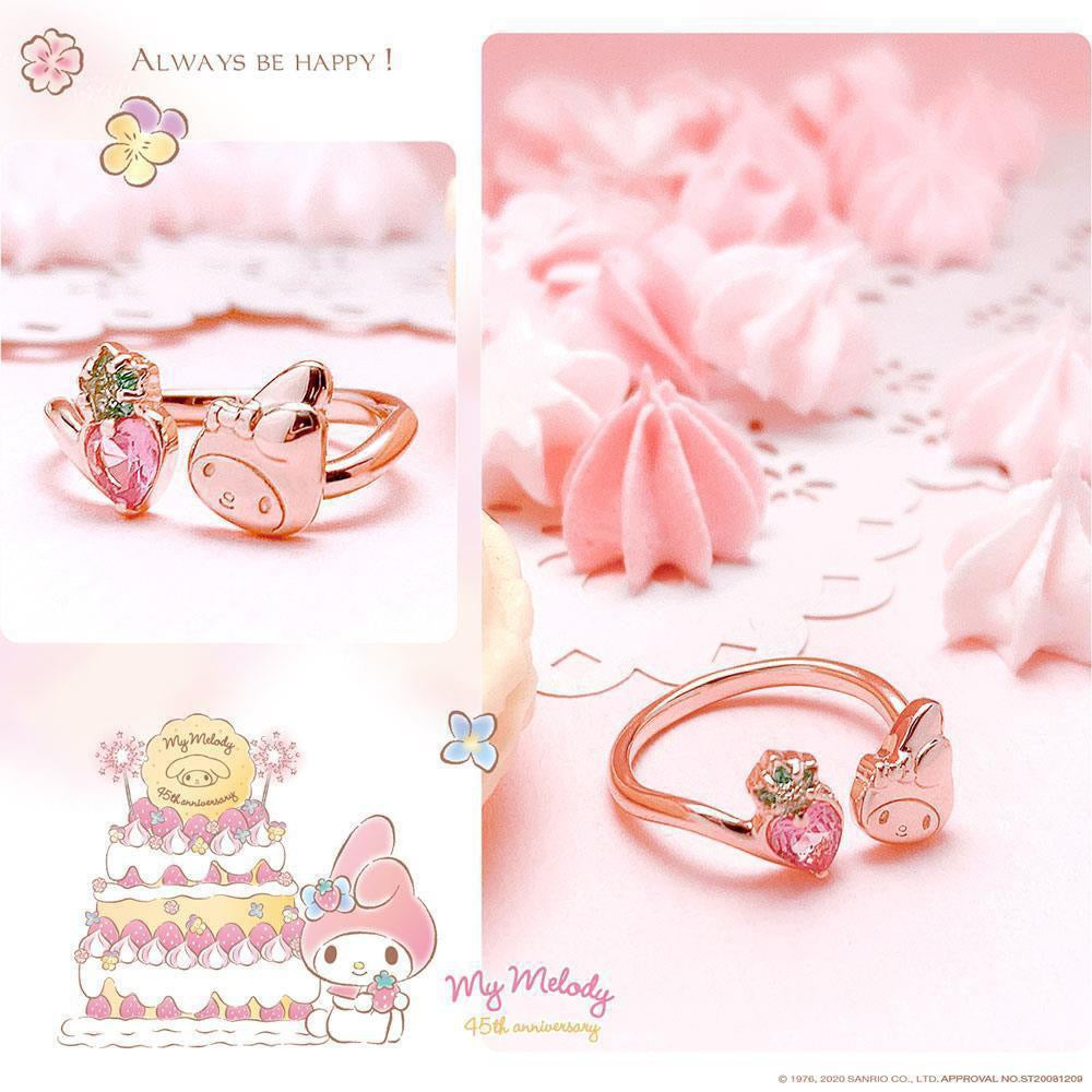 Sanrio My Melody with Strawberry 45th Annversary 925 Sterling Silver Ring Rosegold with Ring Box