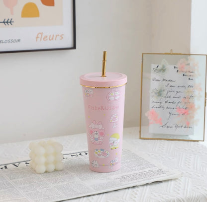 Japanese Cartoon Tumbler with Straw Warm Cool Lovely Cup Hello Kitty My Melody Kuromi Pompompurin Pochacco Hangyodon Cinnamoroll - with cleaning tool