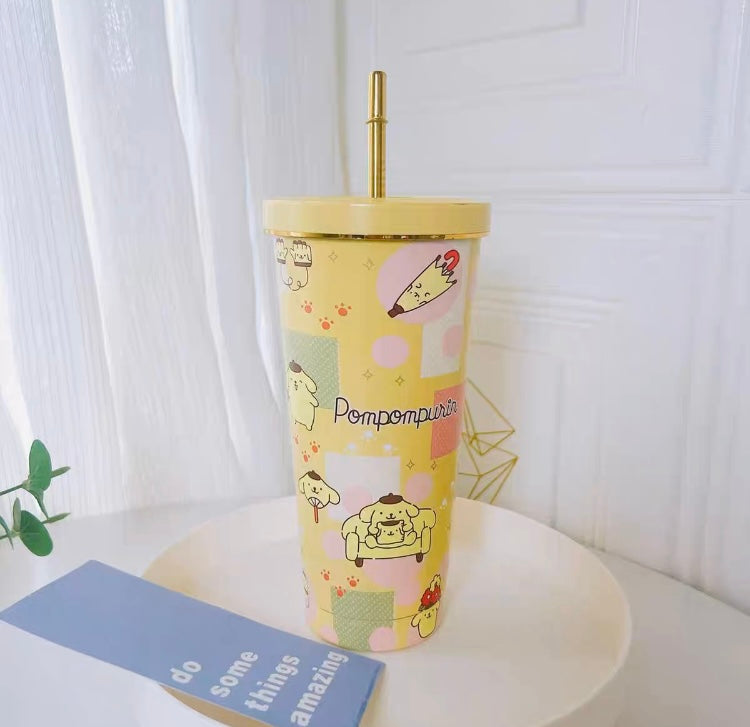 Japanese Cartoon Tumbler with Straw Warm Cool Lovely Cup Hello Kitty My Melody Kuromi Pompompurin Pochacco Hangyodon Cinnamoroll - with cleaning tool