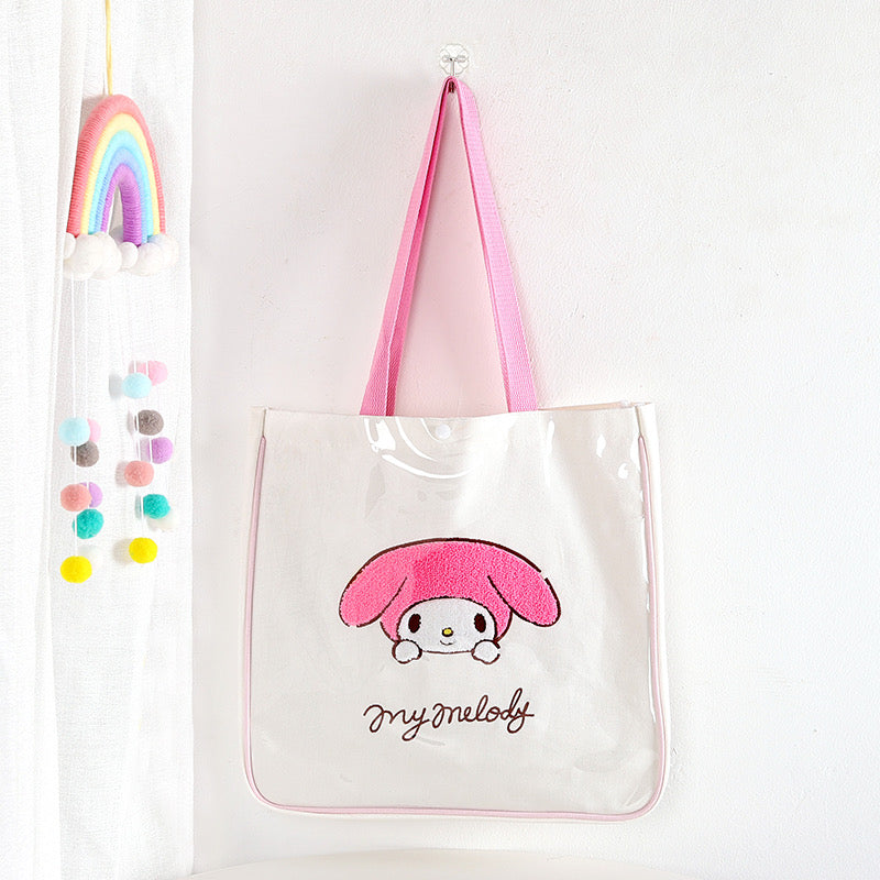 Tote Bag with Embroidery | Hello Kitty My Melody Kuromi Little Twin Stars Cinnamoroll Pompompurin Pochacco KeroKeroKeroppi - with Plastic Cover