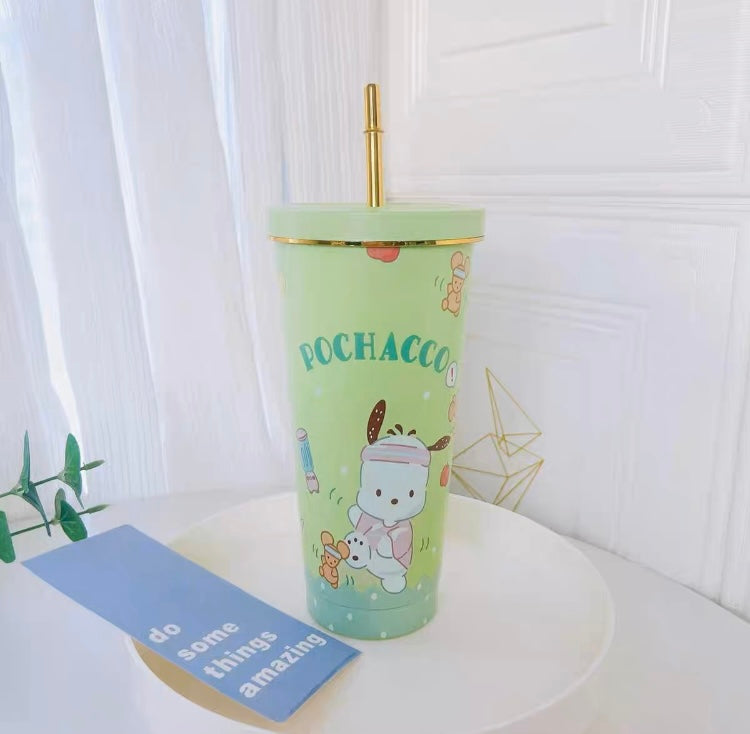 Sanrio Tumbler with Straw Warm Cool Lovely Cup Hello Kitty My Melody Kuromi Pompompurin Pochacco Keroppi - with cleaning tool