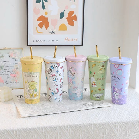 Sanrio Tumbler with Straw Warm Cool Lovely Cup Hello Kitty My Melody Little Twin Stars Kuromi Cinnamoroll Pompompurin Pochacco Keroppi Bad Badtz Maru - with cleaning tool